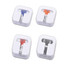 Earbuds in various colours including blue, orange, and white, encased in clear plastic cases with logos.