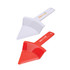 A set of two cake cutters in white and red, featuring serrated edges and curved handles, with a logo.