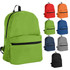 A green backpack with a front zip pocket, displayed alongside red, orange, blue, navy, grey, and black variations.
