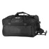 A black rolling duffle bag with wheels and a retractable handle. It features a zippered compartment and a logo.