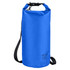 A blue dry sack with a black strap and buckle, featuring a 10L capacity. It has a logo.