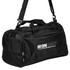 A black duffle bag with a shoulder strap, featuring a logo and multiple zippered compartments.