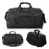 A black duffle bag featuring dual handles, a shoulder strap, and a zippered main compartment. It has a logo.