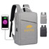 A grey laptop backpack with a front pocket and integrated charging port, featuring a logo. Includes adjustable straps.