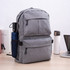 A grey laptop backpack with multiple compartments, side mesh pockets, and a classic design on a desk.