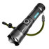 A black outdoor torch with a textured body, a green lanyard, and a control button. It features a logo on the side.