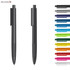 A black plastic pen with a clip, displayed alongside various coloured pen options. Includes a branding logo.