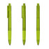 Three transparent plastic pens in vibrant green, featuring a clip and retractable mechanism, displayed from different angles.