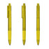 A set of transparent yellow plastic pens with click mechanisms and clips. Each pen is positioned differently for display.