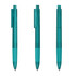 A turquoise transparent plastic pen with a clip, featuring a sleek design and a visible ink cartridge.