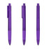 Three transparent purple plastic pens with clips, featuring a smooth design and distinct shapes. Each pen is positioned differently.