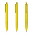 A yellow plastic pen displayed from three angles, featuring a transparent design and a clip.