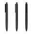 A set of three black plastic pens with a glossy finish and clip, featuring a logo on the barrel.