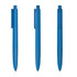 A blue plastic pen with a soft-touch finish, featuring a clip and a clear section. It has branding.