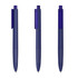 A set of three dark blue plastic pens with transparent caps and clips, featuring a simple, modern design.