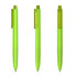 A set of three green plastic pens with transparent grips and clips, showcasing a sleek design.