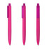 A set of three pink plastic pens with transparent caps. Each pen features a clip and has a logo.