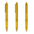 A set of three transparent yellow plastic pens with a clip and a rounded tip, featuring a branding logo.
