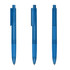 Three translucent blue plastic pens displayed from different angles, each featuring a clip and a rounded tip.