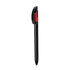 A black and red plastic pen with a sleek design and a clip on top. It features a logo on the barrel.
