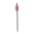A plastic pen in white with a red clip and button, featuring a branding logo.