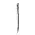 A metallic pen in white with a silver clip and a sleek design. The pen has a logo on its body.