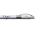 A metal pen in white and silver, featuring a clip and a logo.