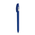 A blue metal pen with a sleek design and a silver clip. It features a logo on its body.