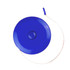 A compact blue tape measure with a retractable white measuring tape. The device features a circular casing and a small attachment loop.