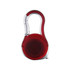 A red carabiner tape measure with a shiny silver clip. Features a compact, round design for easy carrying.