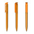 A transparent high gloss plastic pen in vibrant orange, showcasing three different angles. It features a simple clip design.