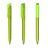 A transparent high gloss green plastic pen with a distinctive clip and sleek design.