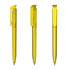A transparent high gloss yellow plastic pen with a clip, showcased from three different angles.