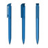 A transparent high gloss blue plastic pen displayed from three angles, featuring a clip and a sleek design.