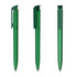 A green plastic pen with a high gloss finish, featuring a clip and a sleek design, is shown from three angles.