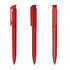 A red transparent pen featuring a gloss finish, displayed from three angles with a clip and a logo.