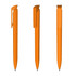 An orange plastic pen featuring a high-gloss finish and a clip, shown from three angles.