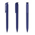 A blue plastic pen displayed from three angles, featuring a sleek design and a clip. It has a branding logo.