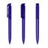 A set of three transparent blue plastic pens with clips and smooth barrels, featuring a logo on one side.