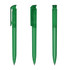 A set of transparent green plastic pens displayed from different angles, featuring a clip and a smooth tip.