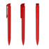 A red plastic pen featured from three angles, with a clip and a logo on its body.