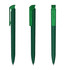 A green plastic pen with a transparent clip, featuring a sleek design. It has a logo on the side.
