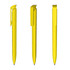 A bright yellow plastic pen with a sleek design and a clip, displayed from three angles.