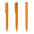 An orange high gloss plastic pen with a clip, displayed from multiple angles.
