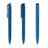 A set of three blue pens with a simple design, featuring clips and smooth writing tips. Each pen has a uniform colour.