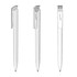 A set of three Trias High Gloss Transparent plastic pens in white, featuring a clip and sleek design.