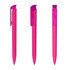 A set of three pink plastic pens featuring a high gloss finish and transparent caps. Each pen has a clip and a logo.