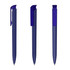 A set of three blue plastic pens with a glossy finish and a clip on top. Each pen features a logo.
