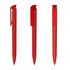 A set of three red plastic pens with a high gloss finish and clips for attachment, featuring a logo.
