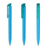 A set of three high gloss transparent plastic pens in a vibrant blue colour with teal accents.